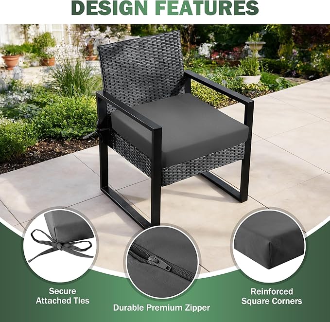 Outdoor Chair Cushions Set of 2, 19x19x3 Inch Waterproof & Fade Resistant Patio Furniture Seat Cushions with Ties, Square Outdoor Dining Chair Cushions for Lawn, Garden, Deck & Yard, Dark Grey