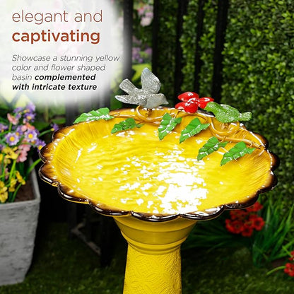 Alpine Corporation ORS112YL Vintage Metal Pedestal Birdbath with Stand, Shallow Bird Bath Bowl for Outside, 28" H, Yellow