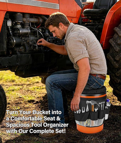 5 Gallon Bucket Seat with Tool Organizer Bag, Bucket Seat Lid & Tool Storage Caddy, Silent 360° Swivel Bucket Chair, Waterproof Comfortable Cushion for Camping, Fishing, Gardening, Yard Work, Hunting