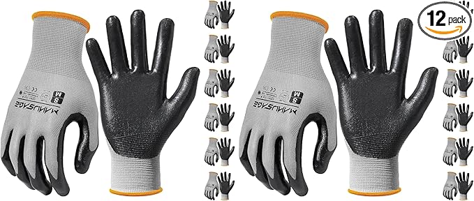 Safety Gloves for Men and Women - Nitrile Work Gloves With Touchscreen Fingers and Grip - Mechanics Gloves (Size-M, Grey, 6 Pairs)