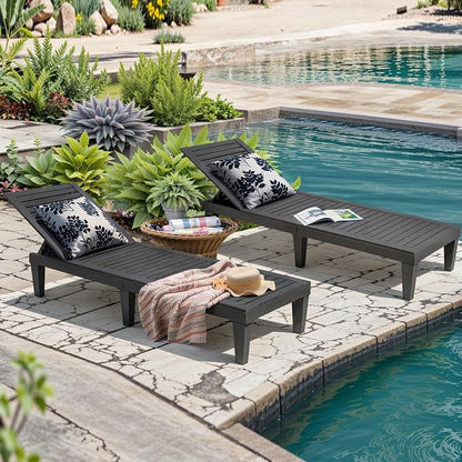 Outdoor Lounge Chairs Set of 4, 5-Position Adjustable Tanning Chairs with Wood Grain, All-Weather Resin Patio Recliners for Pool, Garden, Deck, Beach, Patio Lounge Chairs, Texture Black