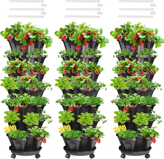 Strawberry Vertical Planters Tower Garden 3 Pack, 7 Tiered Stacking Herb Vegetable Planter with Support Pole Indoor and Outdoor - Black