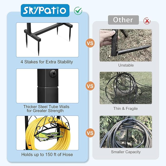 Skypatio Garden Hose Holder with Basket, Metal Water Hose Holder Holds 150ft Hose, Freestanding Hose Storage Stand with 4 Stakes, Rust-Resistant Heavy Duty Hose Hanger for Outside