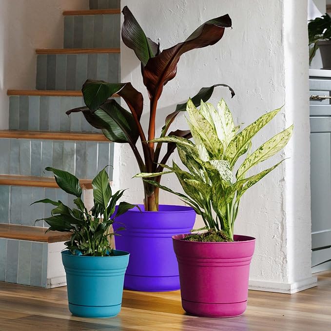 Bloem Saturn 14" Royal Lilac Round Resin Planter Pot with Snap-in Saucer for Indoor and Outdoor Gardening