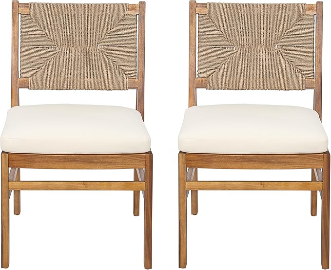 Christopher Knight Home Alan Outdoor Dining Chairs Set of 2, Wicker Woven Back Dining Chairs, Cushion Armless Chair, Hourglass Shaped Design Back, Acacia Wood Chair for Poolside Garden, Teak+Cream