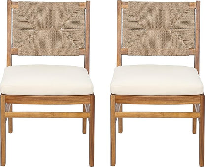 Christopher Knight Home Alan Outdoor Dining Chairs Set of 2, Wicker Woven Back Dining Chairs, Cushion Armless Chair, Hourglass Shaped Design Back, Acacia Wood Chair for Poolside Garden, Teak+Cream