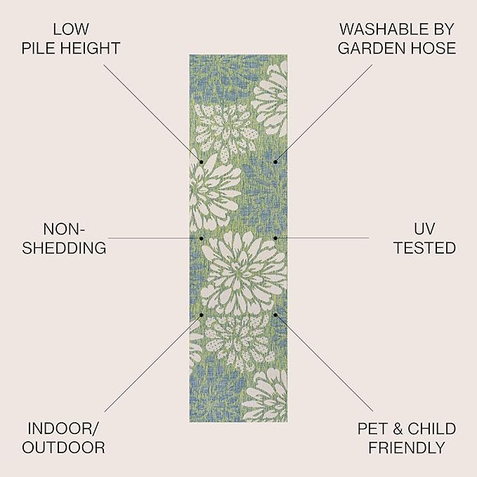 JONATHAN Y Floral Textured Weave Indoor Outdoor Runner Rug 2X8 Cream/Green, Zinnia Modern for Backyard, Patio, Porch, Easy-Cleaning, High Traffic, Pet-Friendly, Non-Shedding (SMB110D-28)