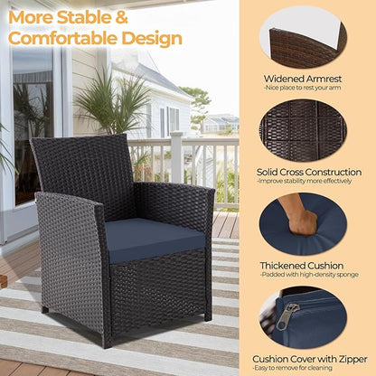 FHFO 4 Piece Outdoor Patio Furniture Sets, Outdoor Sectional Furniture Wicker Conversation Sofa Set for Outside Balcony Porch Backyard (Black-Blue)