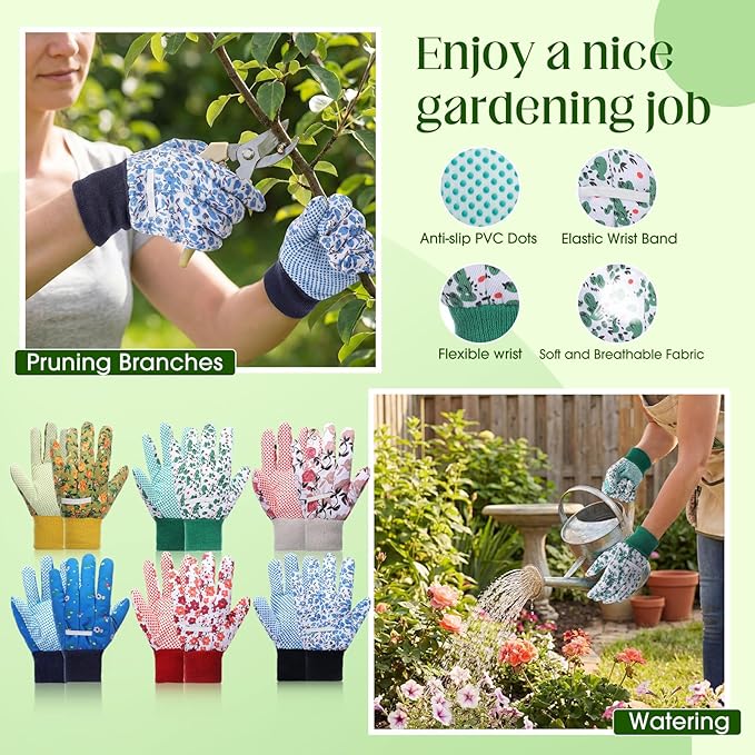 Garden Gloves for Women 9.5" Floral Gardening Gloves Lightweight and Machine Washable Gift for Gardeners PVC Grip