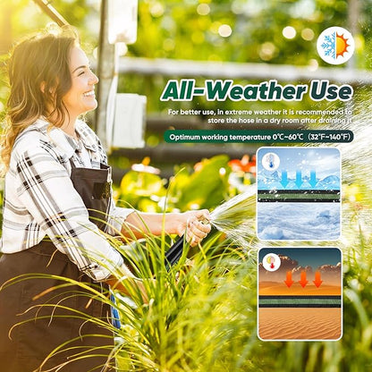 Garden Hose 100ft, Non-Expanding Water Hose, 8 Function Nozzle, Flexible Ultra-Light, Anti-Kink, Wear-Resistant, Portable, Easy Storage, Hose with 3/4 for Outdoor, Garden, Yard and Lawn, Black Green