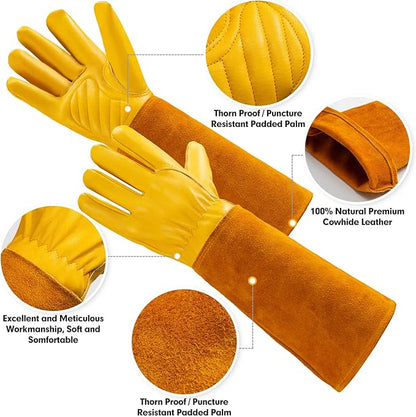 Thorn Proof Gardening Gloves for Men & Women, Long Cowhide Leather Rose Pruning Gloves with Forearm Protection, Puncture Resistant Gauntlets for Cacti, Blackberries & Yard Work(Butter Yellow,Small)