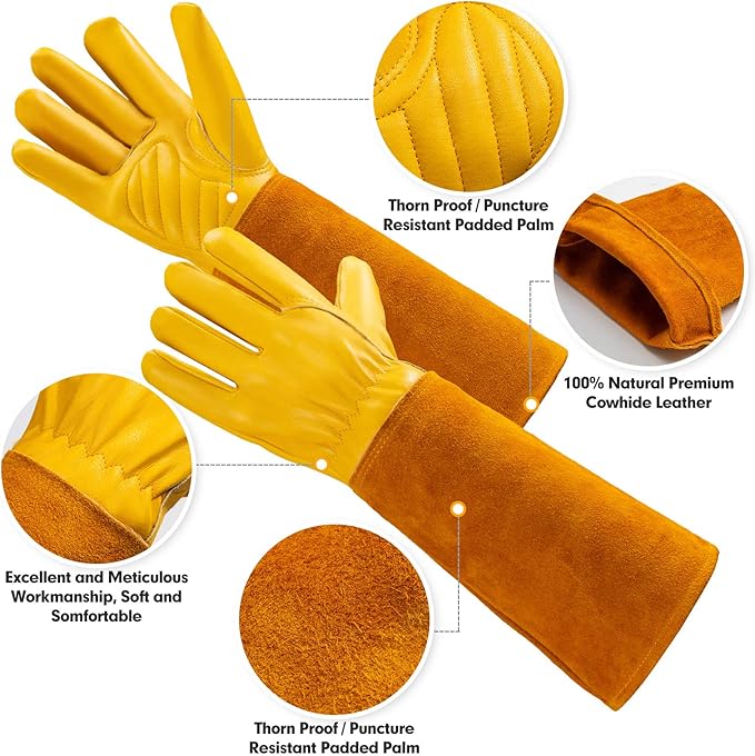 Thorn Proof Gardening Gloves for Men & Women, Long Cowhide Leather Rose Pruning Gloves with Forearm Protection, Puncture Resistant Gauntlets for Cacti, Blackberries & Yard Work(Butter Yellow,L)