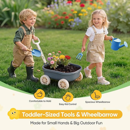 Kids Gardening Set with Wheelbarrow, 11-Piece Outdoor Yard, Beach, STEM Garden Play Kit with Child-Sized Tools, Durable, Safe & Fun Gift Toy for Ages 2+ Kids Toddlers Boys Girls (Gray)