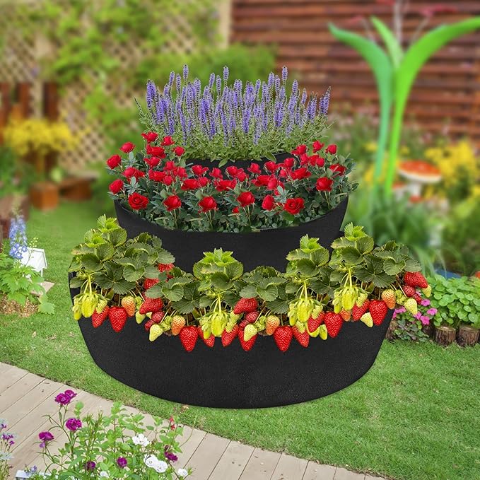 Wenfan 3 Tiered Strawberry Planter Non-Woven Fabric Raised Garden Bed Stackable Strawberry Planter Bag Felt Raised Container for Growing Vegetables Herb Plant, 8 Inch Deep, Round