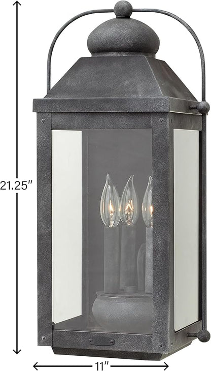 Hinkley Anchorage Large Three Light Wall Mount Lantern - Estate & Heritage Series, Aluminum, Clear Glass - Aged Zinc Finish