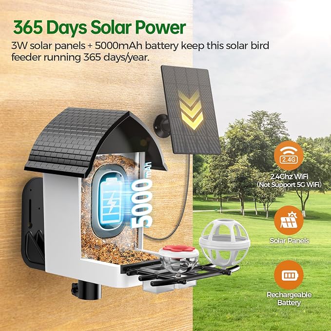 Smart Bird Feeder with Camera - 2K HD Live View, AI Identification & Instant Alerts, Weatherproof for Outdoors, 2.4GHz WiFi Solar Powered Smart Feeder for Bird Lovers