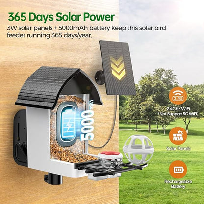 Smart Bird Feeder with Camera - 2K HD Live View, AI Identification & Instant Alerts, Weatherproof for Outdoors, 2.4GHz WiFi Solar Powered Smart Feeder for Bird Lovers