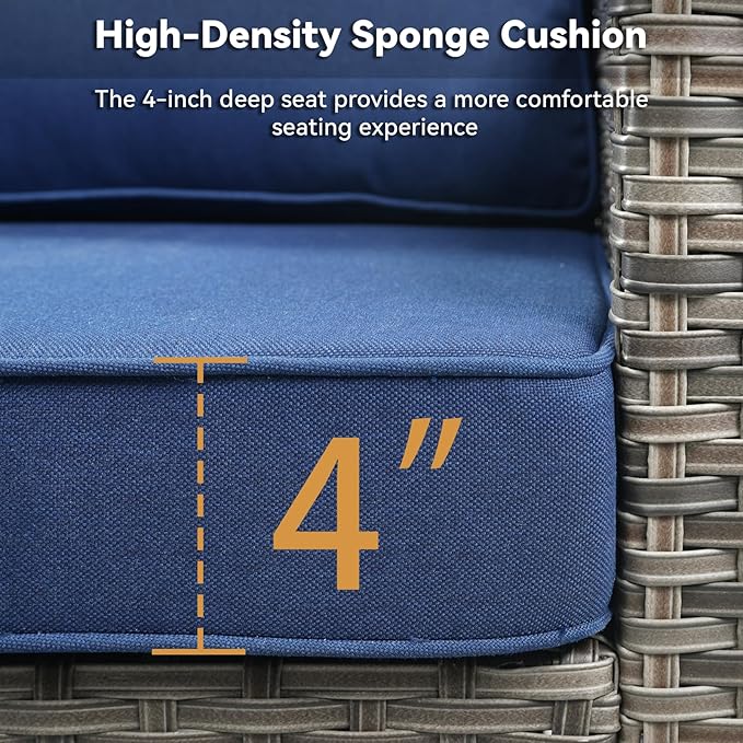 Buenhomino 3 Pieces Patio Furniture Sofa Set-Outdoor Wicker Patio Furniture Covered Couch with Multifunctional Ottoman and All-Weather Patio Conversation Set for Backyard Porch Garden Grey/Blue