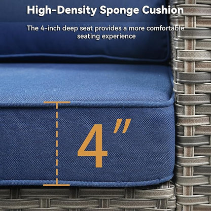 Buenhomino 3 Pieces Patio Furniture Sofa Set-Outdoor Wicker Patio Furniture Covered Couch with Multifunctional Ottoman and All-Weather Patio Conversation Set for Backyard Porch Garden Grey/Blue