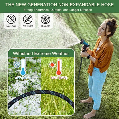 Garden Hose Non-Expandable 100 ft, Lightweight Flexible Water Hose with 10 Function Spray Nozzle, Outdoor Leak Proof, Kink-Free, Portable Hose for Yard, Lawn, Camper, High-Density Fabric, Black Blue