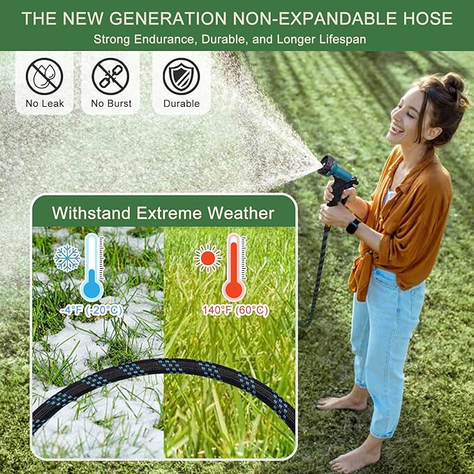 Garden Hose Non-Expandable 25 ft, Lightweight Flexible Water Hose with 10 Function Spray Nozzle, Outdoor Leak Proof, Kink-Free, Portable Hose for Yard, Lawn, Camper, High-Density Fabric, Black Blue