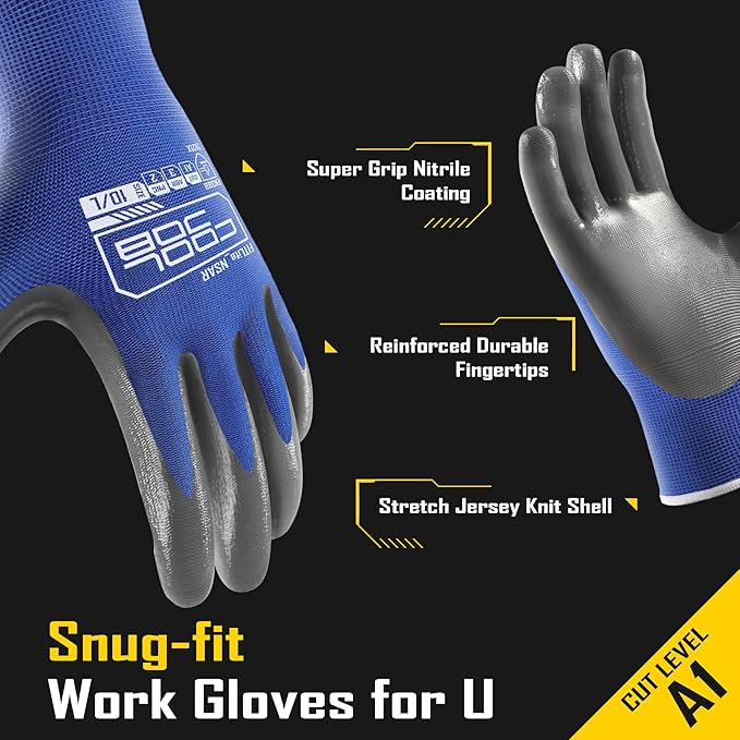 COOLJOB 10 Pairs Nitrile Dipped Safety Work Gloves with Grip, Non-slip Rubber Coated Bulk Garden Gloves for Men, Heavy-duty Oil Resistant for Truck Driver, Warehouse Box Handler, Large, Red Blue