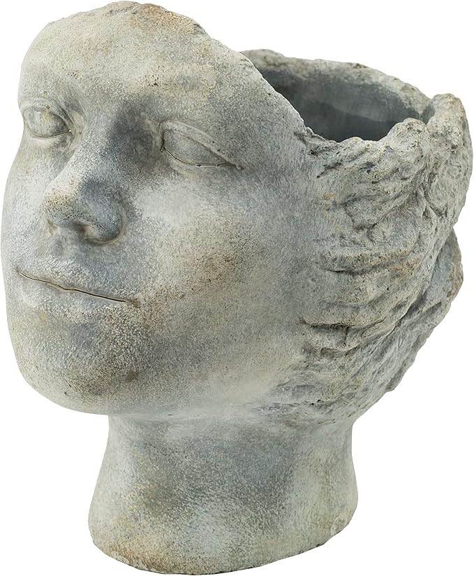 A&B Home Profile Head Cement Outdoor Planter, Unique Face Statue Vase Plant Pot, Gray Finish 9.5in Tall
