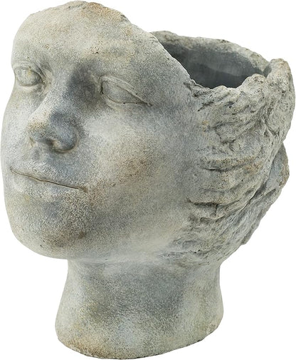 A&B Home Profile Head Cement Outdoor Planter, Unique Face Statue Vase Plant Pot, Gray Finish 9.5in Tall
