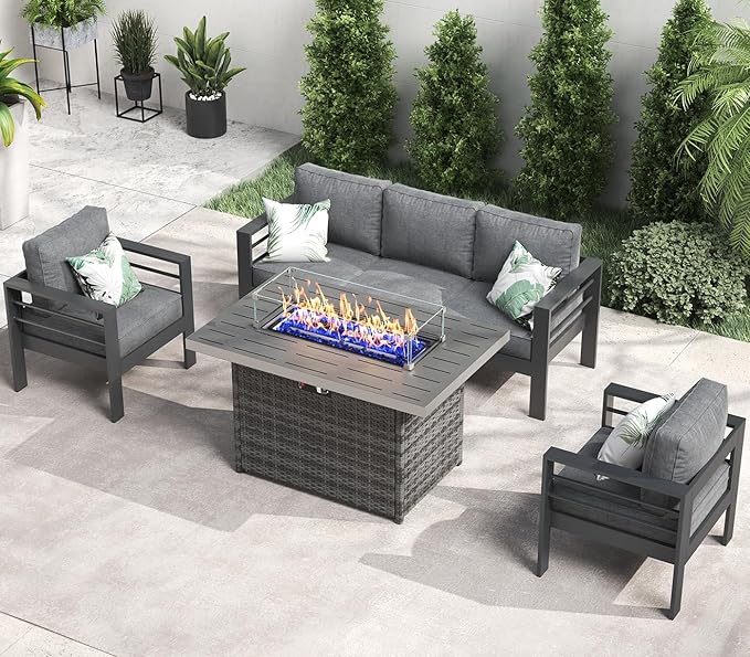 LayinSun Aluminum Furniture Set with Fire Pit Table, 4 Pieces Patio Sectional Conversation Chat Sofa Modern Seating Set