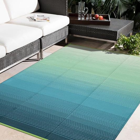 Anidaroel 8x10ft Ombre Outdoor Rug for Patios Clearance, Waterproof Camping Rug for Outside RV, Reversible Plastic Straw Outside Rugs, Large Outdoor Area Rug for Camper, Picnic(Blue&Green,8'x10')