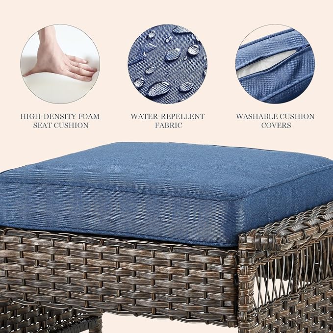 Patio Conversation Set: Wicker Sofa with 2 Rattan Ottomans, Blue Cushions, 3pcs for Patio, Garden, Balcony, Sunroom, Backyard, Deck, Poolside