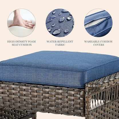Patio Conversation Set: Wicker Sofa with 2 Rattan Ottomans, Blue Cushions, 3pcs for Patio, Garden, Balcony, Sunroom, Backyard, Deck, Poolside