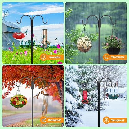 FEED GARDEN Bird Feeder Pole Squirrel Proof 92" Heavy Duty Shepherds Hook for Outdoor, Double Hooks with 19" Squirrel Baffle, 5-Prong Base Adjustable Bird Feeder Stand for Plants & Lanterns