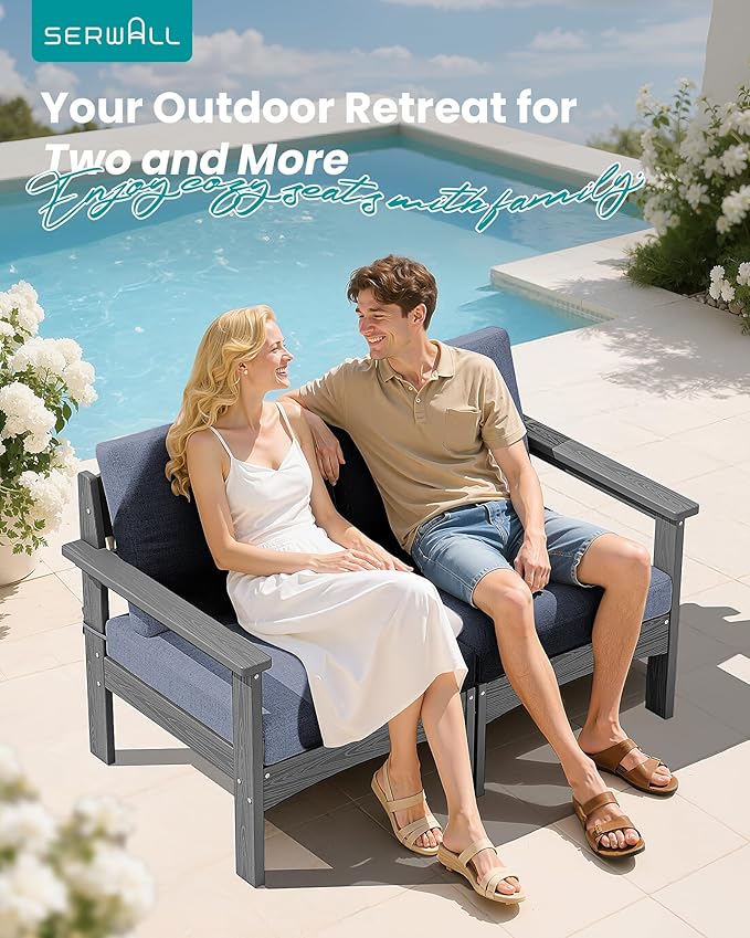 SERWALL HDPE Patio Loveseat Sofa, 2 Pieces Single Sofa, Weather-Resistant Outdoor Furniture Chair with Thick Removable Cushion, Balcony, Garden, Backyard, Poolside, Grey Frame with Grey Cushion