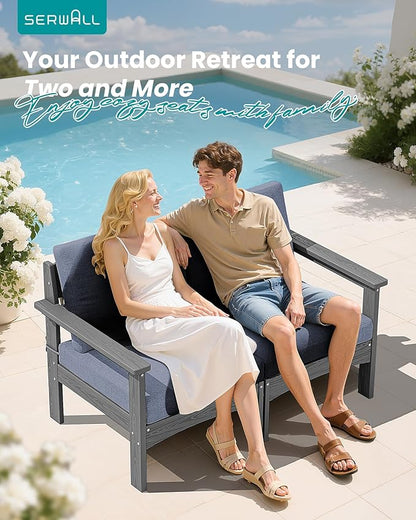 SERWALL HDPE Patio Loveseat Sofa, 2 Pieces Single Sofa, Weather-Resistant Outdoor Furniture Chair with Thick Removable Cushion, Balcony, Garden, Backyard, Poolside, Grey Frame with Grey Cushion