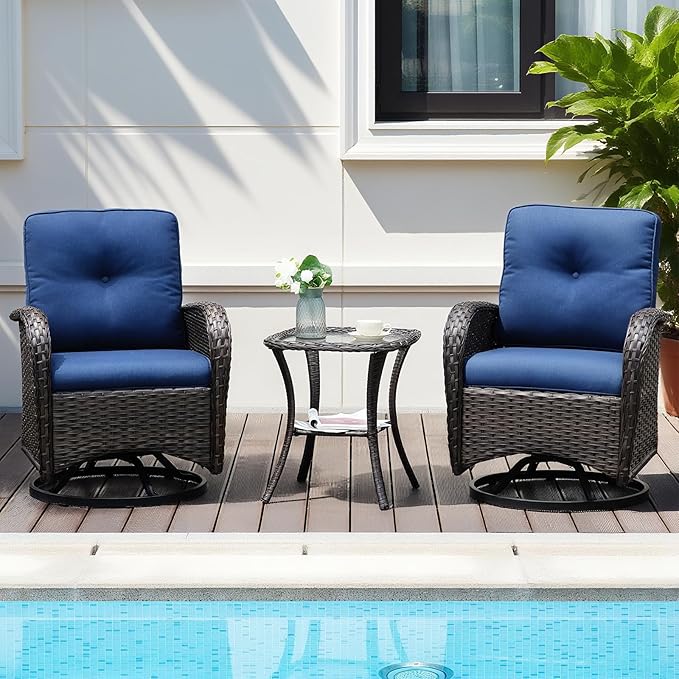 3-Piece PE Wicker Swivel Rocking Patio Chair Set with Cushions & Ripple Glass Table, Luxury All-Weather Outdoor Bistro Set for Modern Deck Balcony Furniture Set