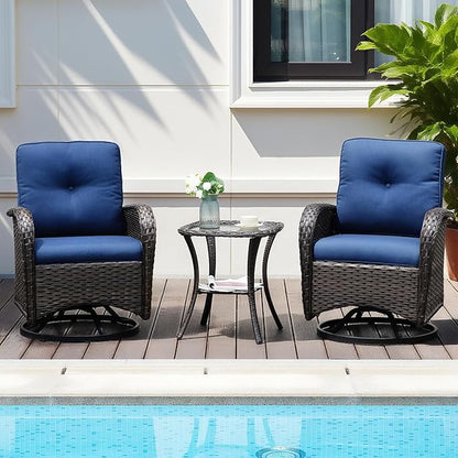 3-Piece PE Wicker Swivel Rocking Patio Chair Set with Cushions & Ripple Glass Table, Luxury All-Weather Outdoor Bistro Set for Modern Deck Balcony Furniture Set