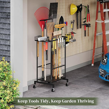 Garden Tool Organizer with Wheels, Yard Tool Rack Heavy Duty Steel Tool Organizer and Storage Holder Broom Holder for Garage, Shed, Patio, Indoor/Outdoor