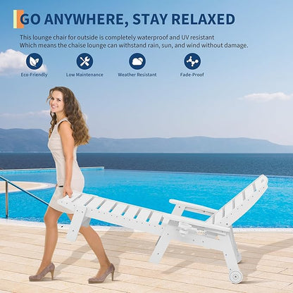 PeakPursuit Patio HDPE Chaise Lounge with Rolling Wheels, Oversize 5-Position Lounge Chair with Cup Holder, Resin Pool Lounger Chair for Outside