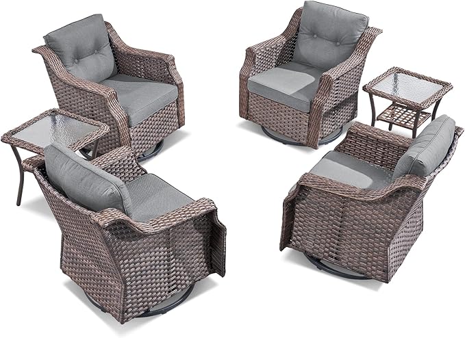 Outdoor Wicker Glider Rocker Set of 2, All Weather PE Rattan Swivel Rocking Chair with Side Table for Yard, Balcony, Deck, Porch (Dark Gray, 6PC-Swivel Gliders & Side Table)