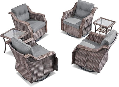 Outdoor Wicker Glider Rocker Set of 2, All Weather PE Rattan Swivel Rocking Chair with Side Table for Yard, Balcony, Deck, Porch (Dark Gray, 6PC-Swivel Gliders & Side Table)
