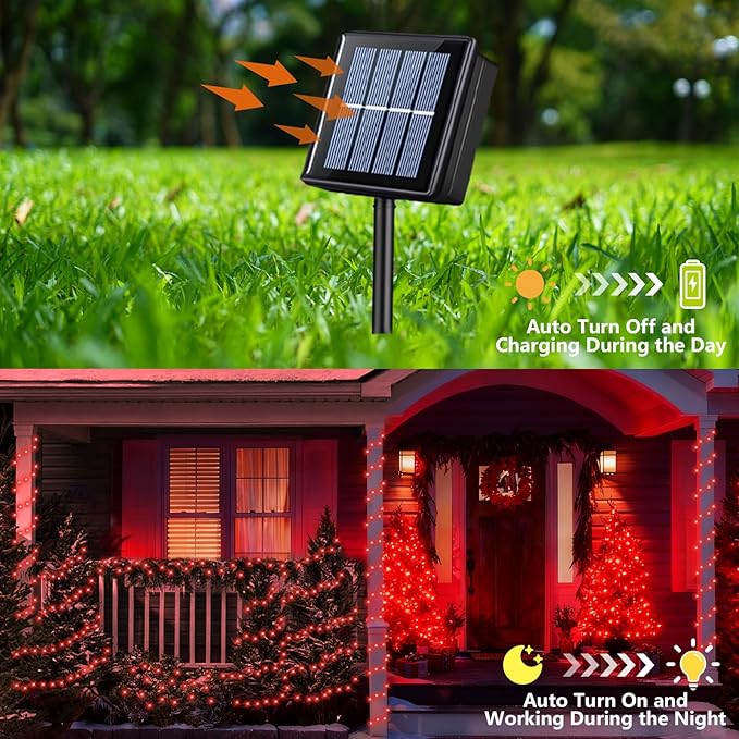 YEGUO 4 Pack Red Solar Fairy Lights, Each 33ft 100 LED Christmas Lights Outdoor Waterproof, 8 Modes Sliver Wire Solar String Lights