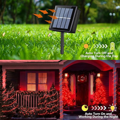 YEGUO 4 Pack Red Solar Fairy Lights, Each 33ft 100 LED Christmas Lights Outdoor Waterproof, 8 Modes Sliver Wire Solar String Lights
