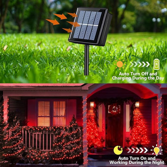 YEGUO 4 Pack Red Solar Fairy Lights, Each 33ft 100 LED Christmas Lights Outdoor Waterproof, 8 Modes Sliver Wire Solar String Lights