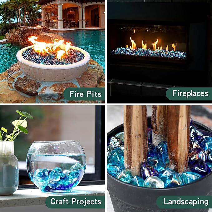 Mr. Fireglass 10 Pounds Blended Fire Glass Diamonds for Fireplace Fire Pit & Lanscaping - 1 inch High Luster Fire Rocks with Mixed Colors (Cobalt Blue++Crystal Ice+Caribbean Blue) (Pack of 2)
