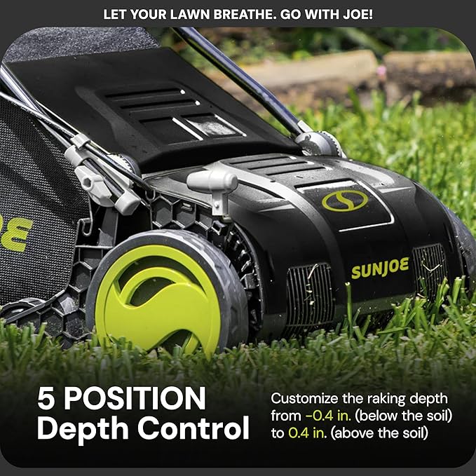 Sun Joe 15-Inch Electric Powered Lawn Dethatcher with Scarifier Blade Reel and Collection Bag - 13-Amp Corded Yard Power Rake Tool Machine for Grass Thatch Removal, AJ805E