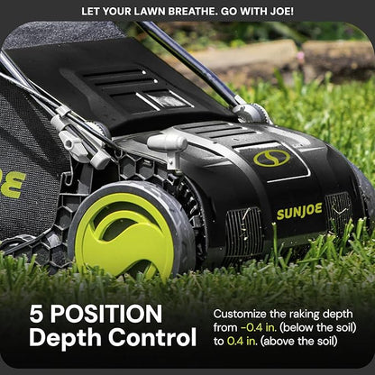 Sun Joe 15-Inch Electric Powered Lawn Dethatcher with Scarifier Blade Reel and Collection Bag - 13-Amp Corded Yard Power Rake Tool Machine for Grass Thatch Removal, AJ805E