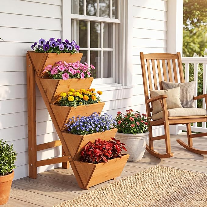 HAPPYGRILL Vertical Raised Garden Bed, Freestanding Wood Elevated Planter Box w/Legs for Growing Vegetables Flowers Herbs, Indoor Outdoor Tiered Plant Stand for Patio Yard Balcony Corner (2,5-Tier)
