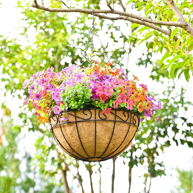 4 Pack 14 Inch Metal Hanging Planter Basket，Natural Round Coconut Hanging Plant Flower Pot，Coconut Coir Planter for Hanging Basket Flowers/Vegetables Home Garden Patio Decoration Flower