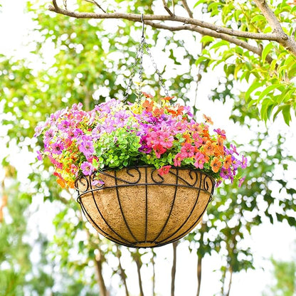 4 Pack 14 Inch Metal Hanging Planter Basket，Natural Round Coconut Hanging Plant Flower Pot，Coconut Coir Planter for Hanging Basket Flowers/Vegetables Home Garden Patio Decoration Flower